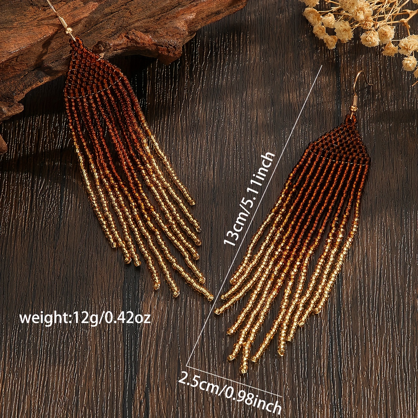 Women's Bohemian Retro Style Tassel Earrings with Brown Gradient Glass Beads
