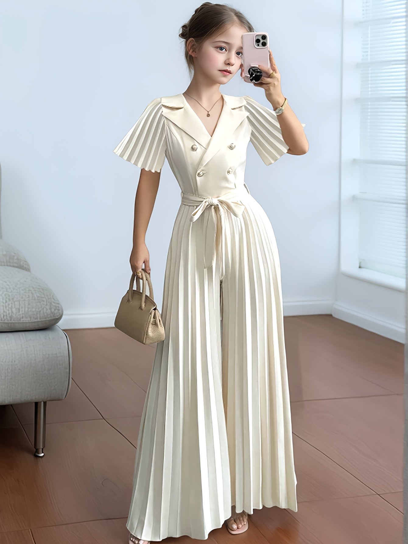 Spring/Summer Girls' Fashion New Cute Elegant Literary Gentle Design, Versatile Solid Color Button-Decorated Collar Ruffle Sleeve Pleated Romper. Includes Matching Belt, Suitable for Spring Outings, Beach Vacations, Travel, Parties, Picnics, School.