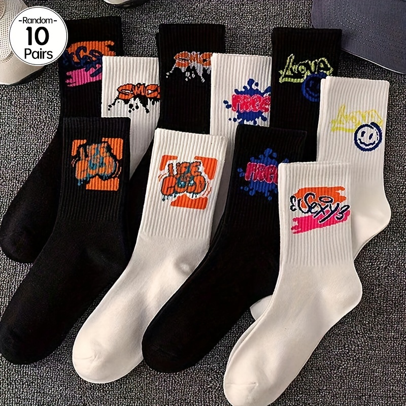 

10pcs Chaussettes Crew Graffiti Mode - Respirantes & Confortables en Mélange de Polyester, Longueur avec Designs de Dessins Animés Colorés pour Couples - Lavables en Machine, Chaussettes Amusantes