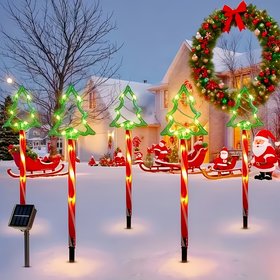TEMU Christmas Tree Solar Post Lights, Candy Cane Pathway Lights, Solar-powered Christmas Decorations For Courtyards, Lawns, Gardens, And Festive