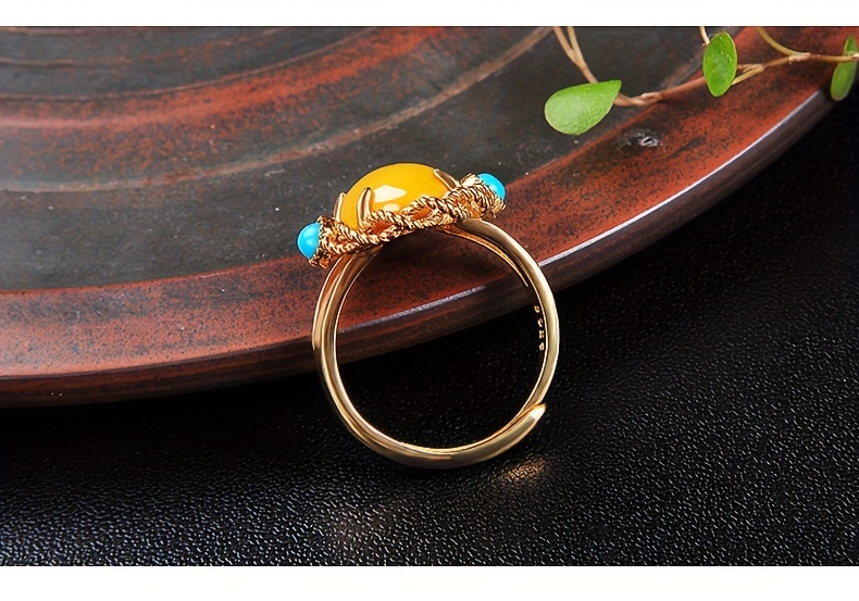 1pc vintage     ring 18k golden plated 925 silver synthetic amber and turquoise adjustable opening handcrafted personalized fashion for daily and banquet occasions mardi gras day accessory details 4