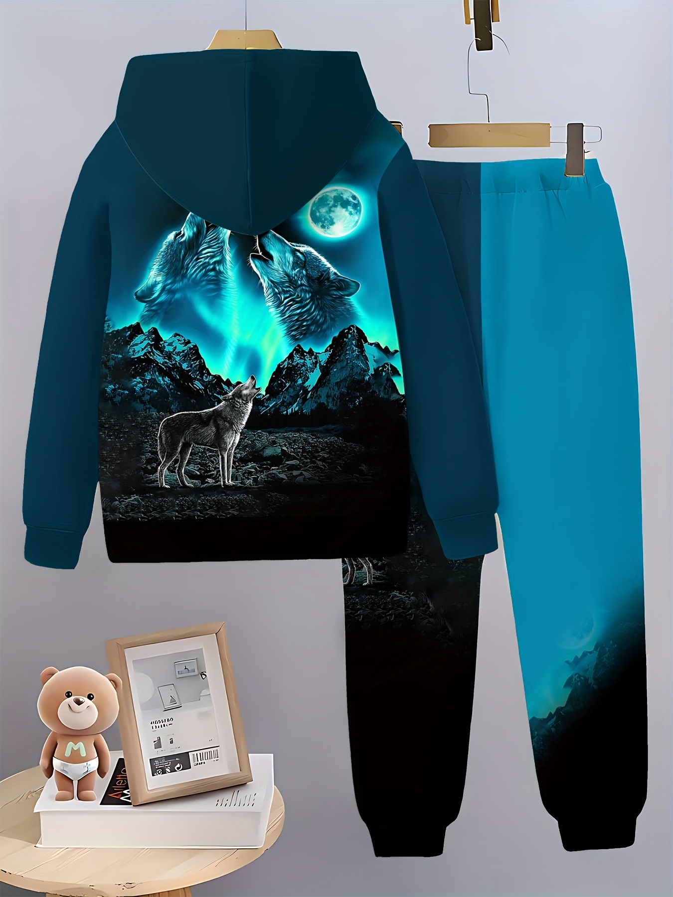 6-delige Wolf Serie 3D Print Lange Mouw Hooded Sweatshirt Set voor Jongens