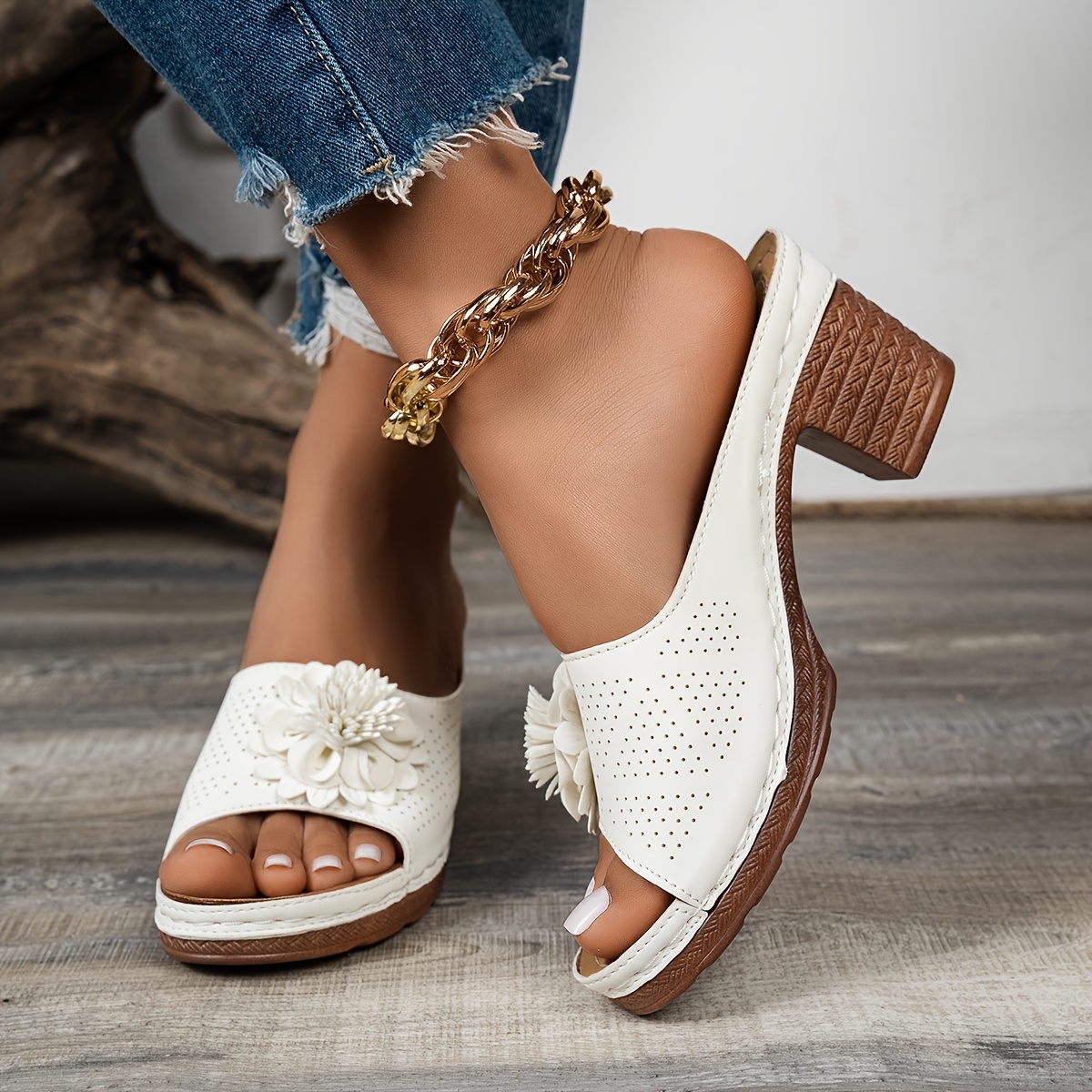 Women's Retro Floral Embellished Mid-Heel Slide Sandals - Slip-On Open-Toe Synthetic Cover Weddings, Parties & Daily Beige Footwear, Dressy Shoes, Wedding Party Footwear, Decorative Flower Design, Durable Rubber Sole, Allseason Wear