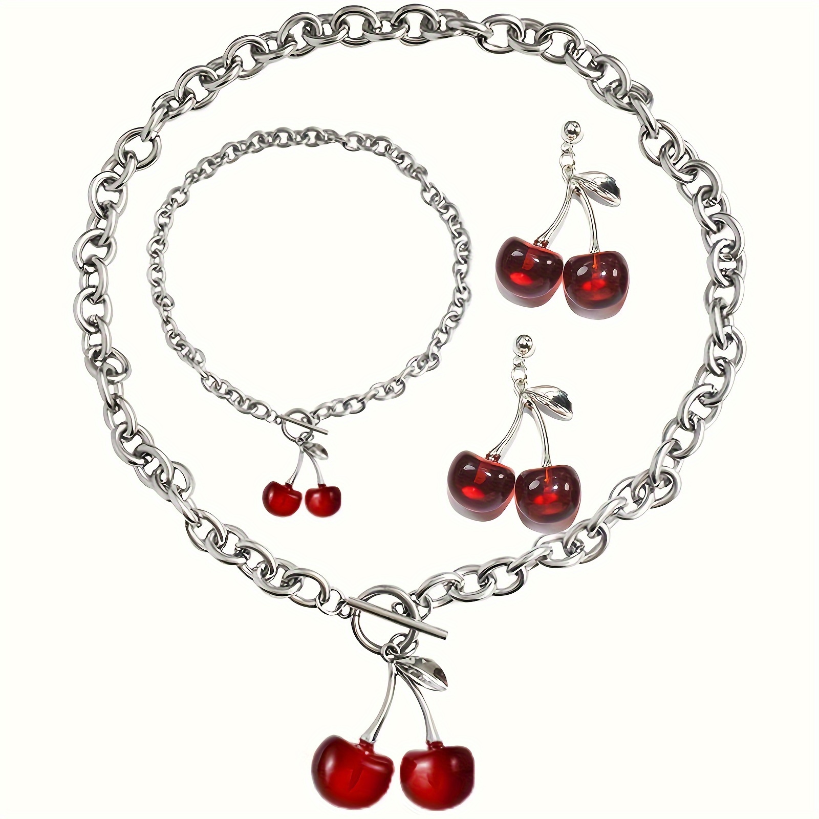 

3pcs Cherry Charm Jewelry Set For Women - Alloy Fruit Pendant Necklace, Earrings, And Bracelet - Fashionable Design Choker Necklace Set