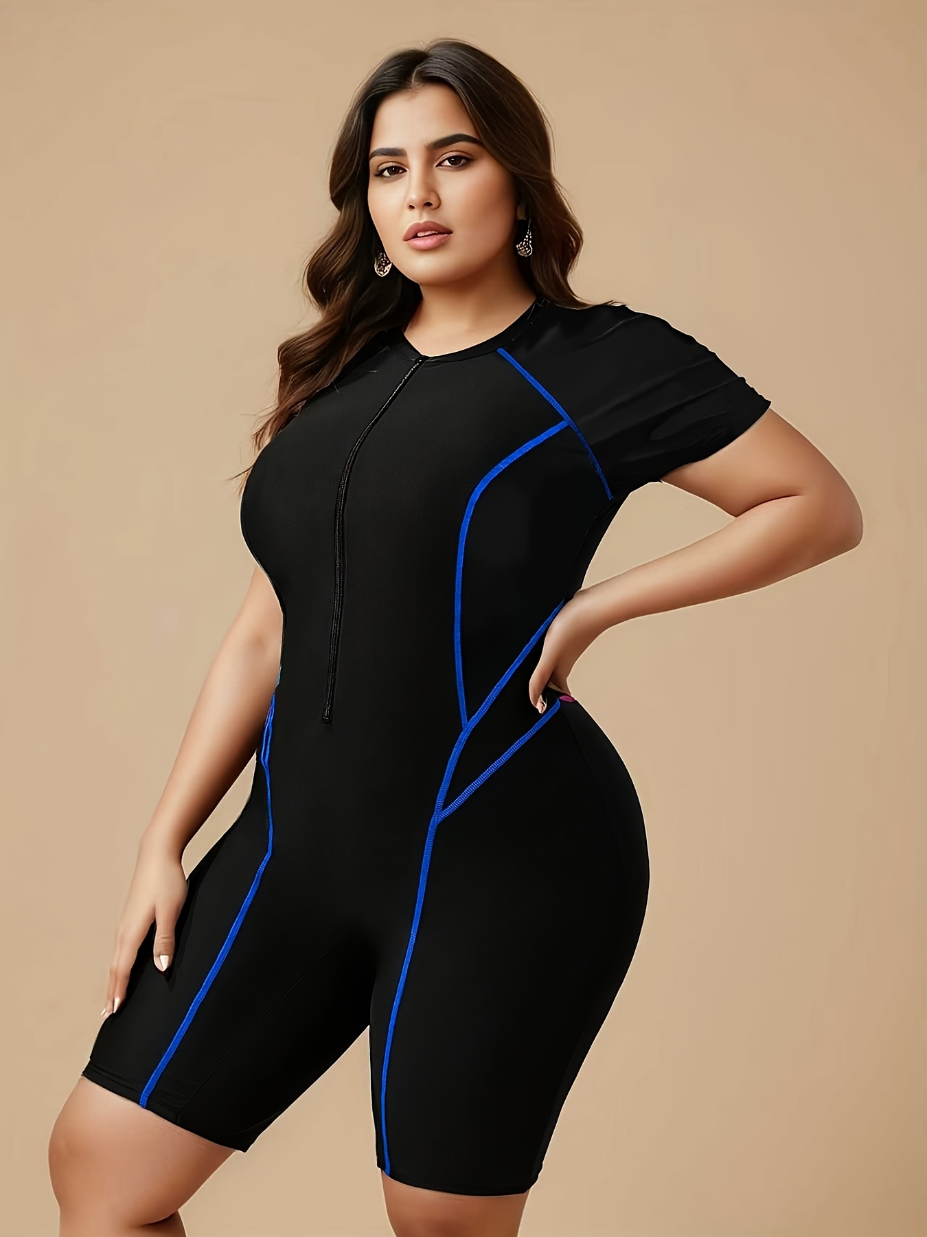 european and american new plus size swimwear womens conservative boyleg shorts zipper one piece swimsuit