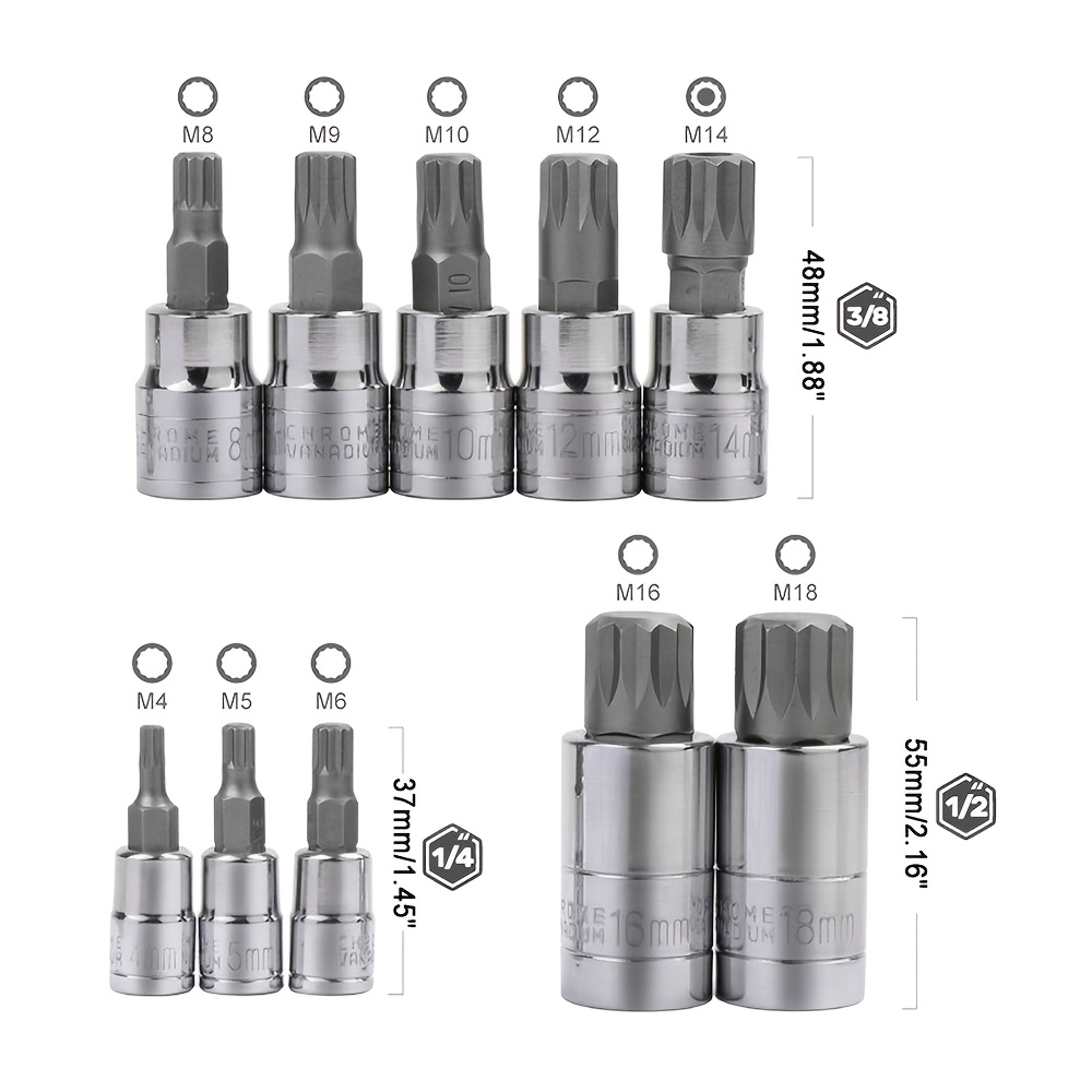 E-shop 10-teiliges Dreieck--Steckschlüssel-Set, Premium S2 und Stahl, 1/4-Zoll, 3/8-Zoll und 1/2-Zoll, M4-M18, 12-Zacken, versiegelt, verbesserte