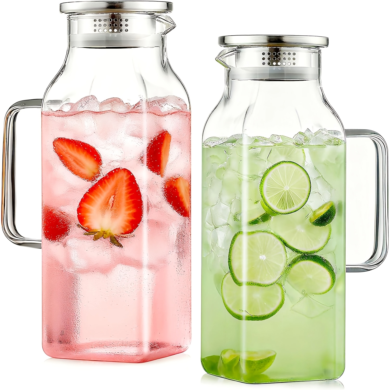 TEMU A 68-ounce Square Glass Pitcher Set (2pcs), Featuring A Lid And Handle. Refrigerator-safe And Perfect For Storing Milk, , And Other Beverages,