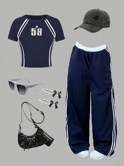 girls casual fashion set with round neck tight shoulder short sleeve and loose pants two piece spring summer outdoor sport suit only top plus pants outdoor