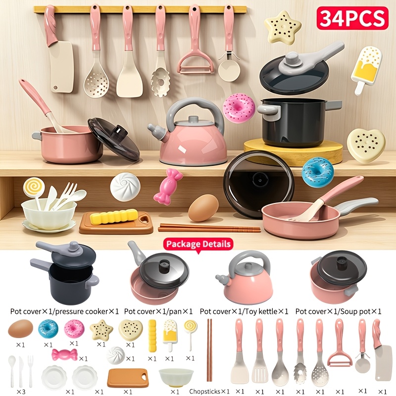 TEMU 34pcs Set Of Realistic Play Kitchen Fruits And Vegetables Toys With Various Cooking Utensils, Play Kitchen Party Gift Toy Set, Simulated Cooking