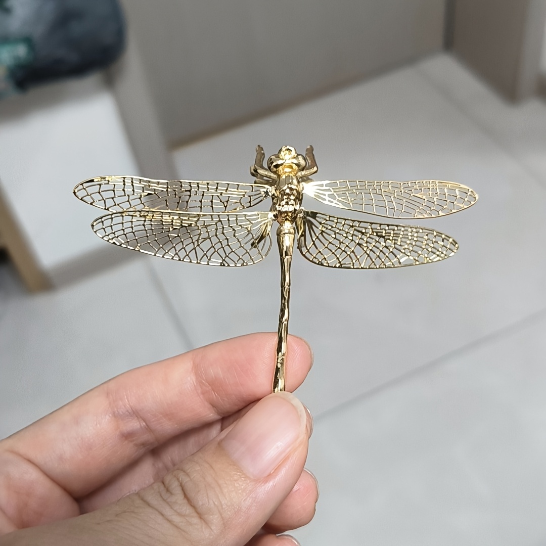 TEMU 3d Golden Vivid Simulation Dragonfly Dragonfly Figurine With Clear Wings, Alloy Hollow Wing Desk Ornament, Desk Wealth Decor For Office Business