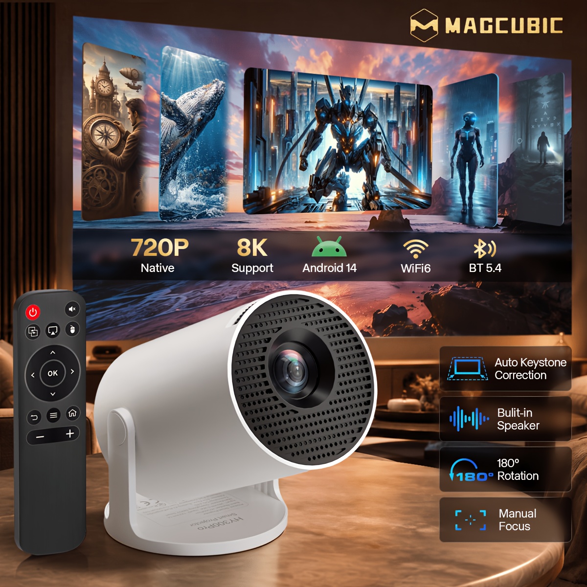 TEMU Proyector en casa portátil Magcubic HY300Pro con 14, miniproyector compatible con smartphones/tabletas/portátiles, 720P y compatible con 8K,
