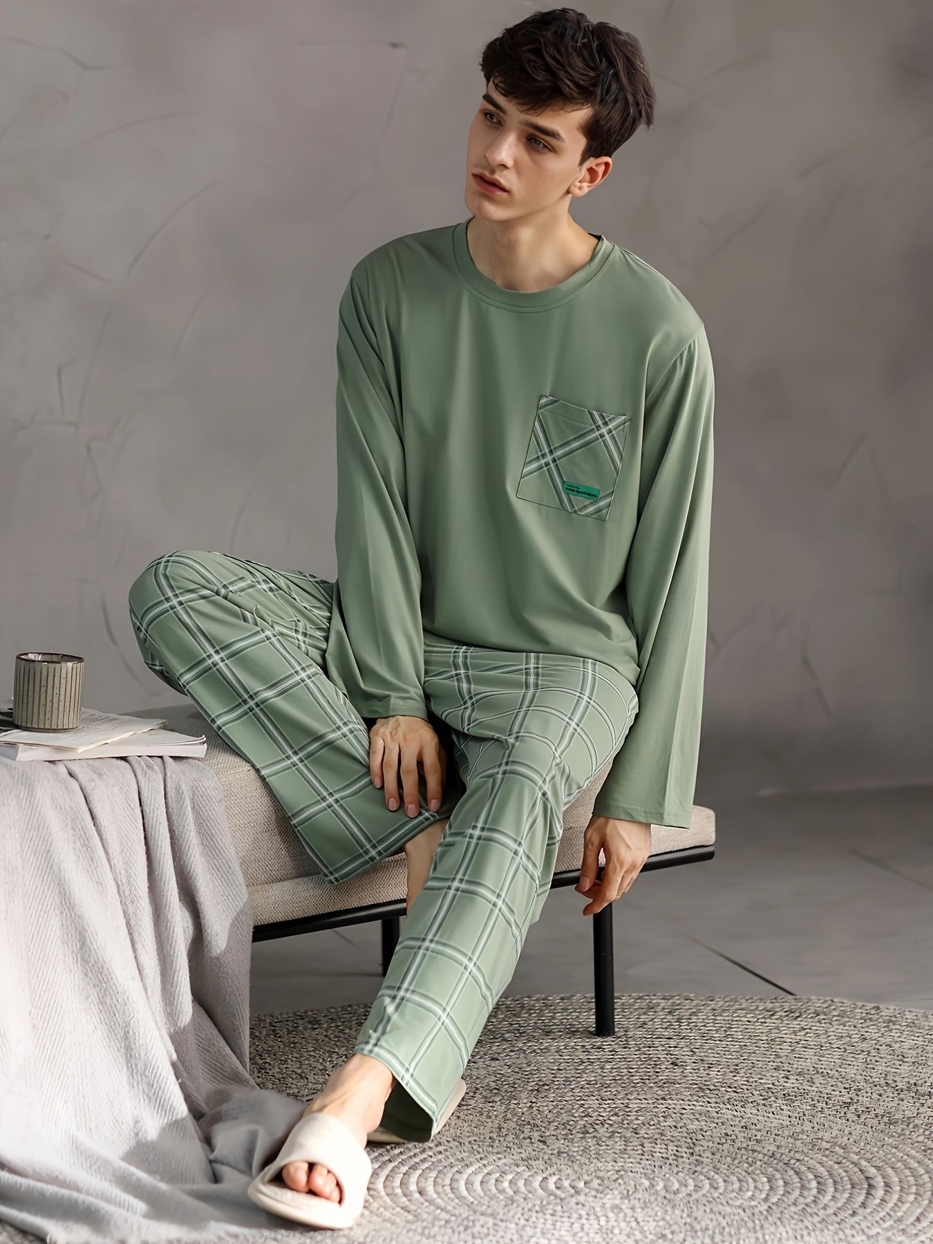 Monodosen Brand + 20% Off Price Comparison New Spring and Autumn Men's Pajamas with Long Sleeves and Trousers, Wearable Outdoors with Pockets, High-end Casual Fashion Home Clothes Set