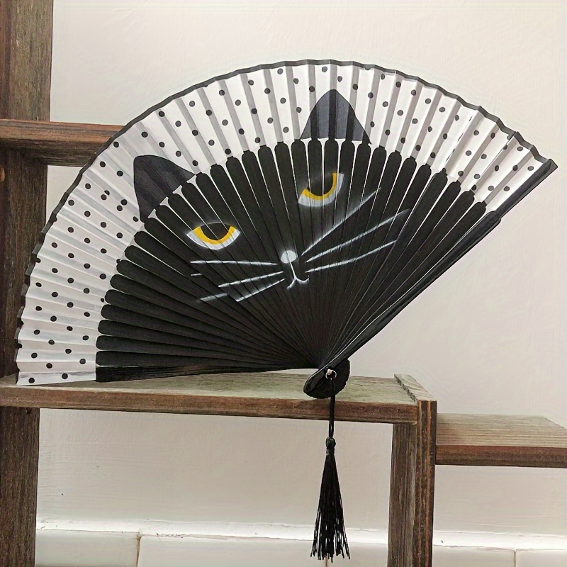 

1pc Cute Cat Style Folding Fan, Women Summer Fashion Bamboo Fan, Cartoon Hand-drawn Fan
