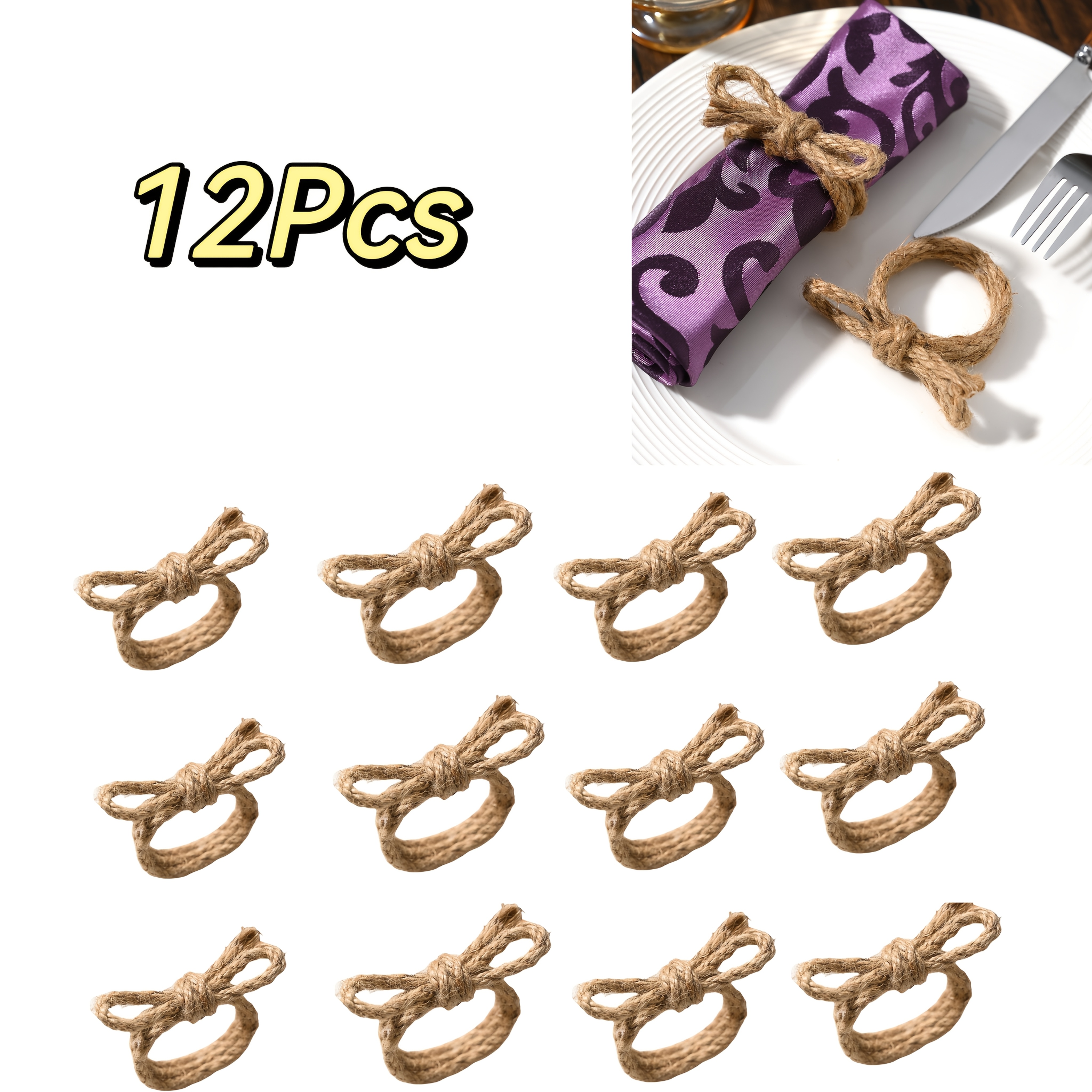 TEMU 12 Elegant Linen Woven Napkin Rings, Hand-woven Flower-shaped Linen Napkin Rings, Suitable For Dining Table, Nautical Napkin Rings, Table