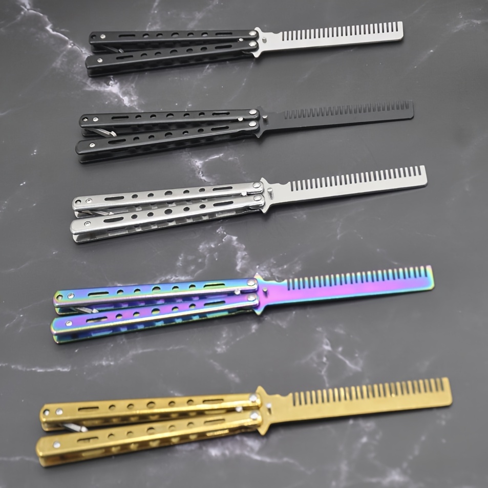 Image of 5pcs Rainbow Folding Comb - Stainless Steel Hair Grooming Tool & Martial Arts Practice Knife With Sheath, Unsharpened Metal Training Sword For Curly Hair Care