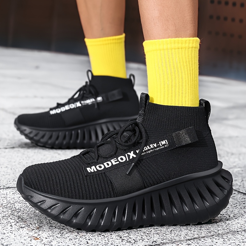 New Spring And Summer Men'S Yellow High-Top Sock-Style Running Shoes with Breathable Mesh And Thick Serrated Soles, Perfect for Casual Street Style