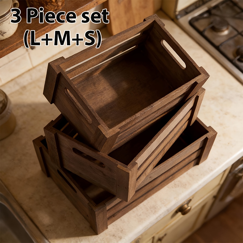 3pcs Wooden Storage Basket Set (l+m+s) With 20 Clear Bags. Durable And Breathable , Organizer For Daily Essentials. Ideal For Kitchen, Living Room, And Office Desk Storage