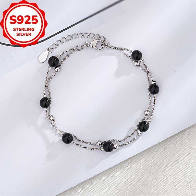 TEMU 925 Hypoallergenic Black Double Layer Bracelet Women's Temperament Easy Retro Premium Fashion Pearl Bead Bangle Suitable For Suitable For Gift