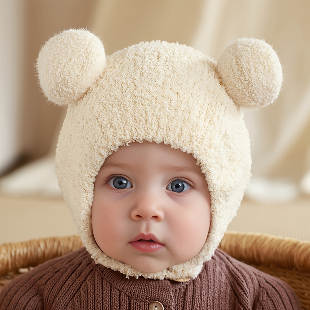 1pc adorable plush bear knit hat for boys girls soft warm winter cap with cute bear ears cozy christmas outfit accessory hand washable baby hat for boys girls multicolor