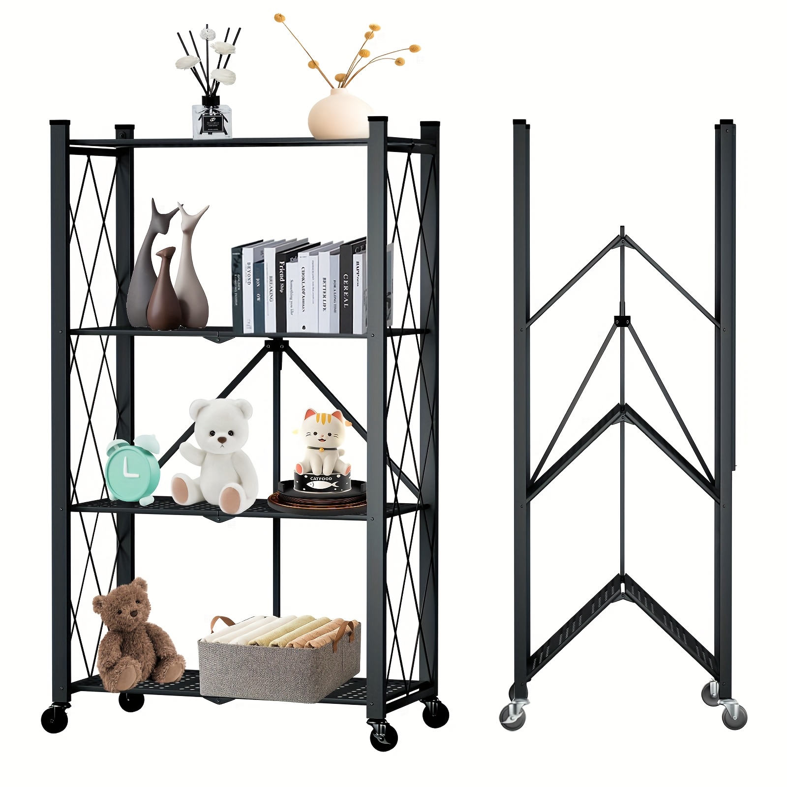 TEMU 3 Tier Foldable Storage Rack With Wheels, Metal Folding Shelving Unit Display Rack, Rolling Cart Kitchen Storage Rack For Books, Metal Folding
