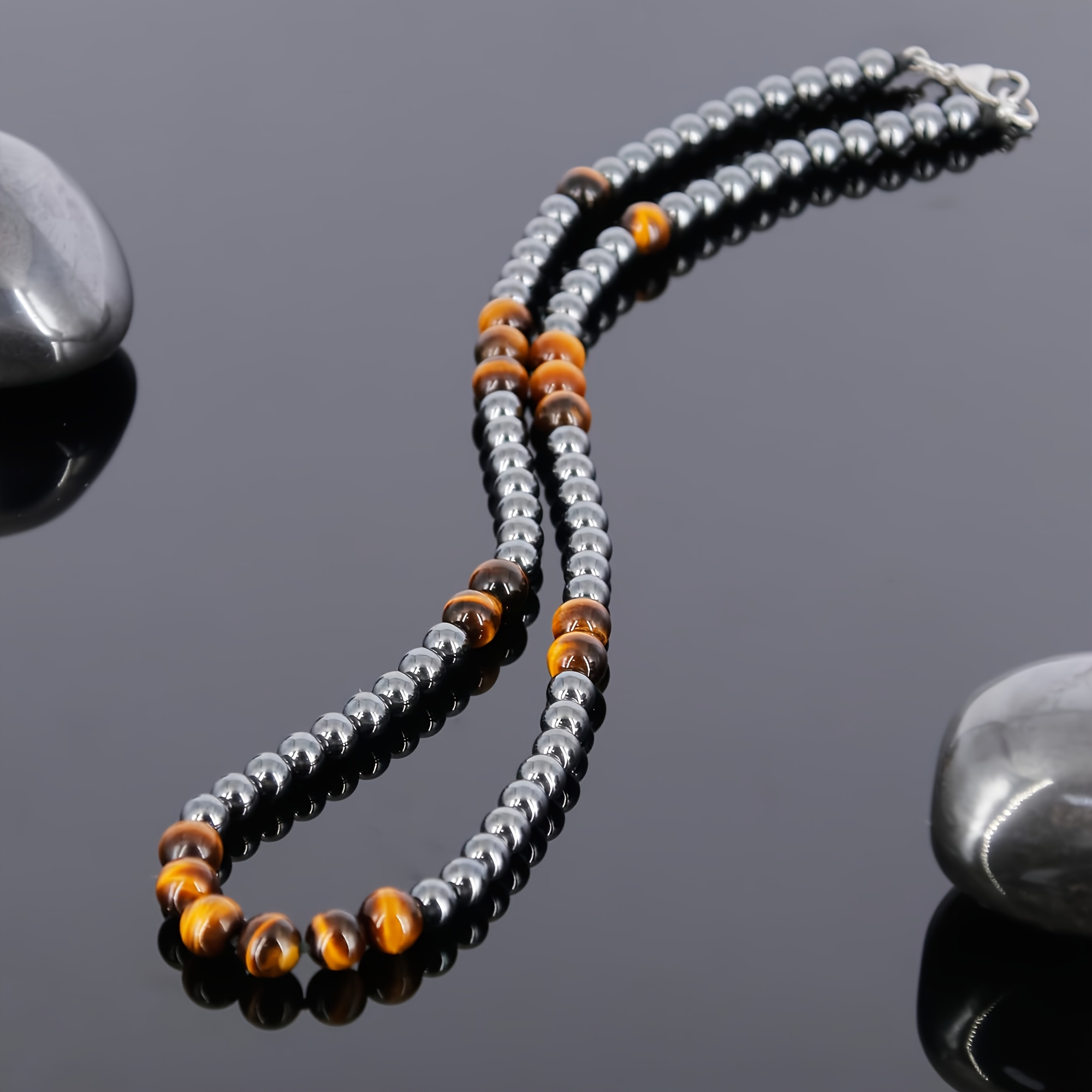 collier pour hommes en œil de tigre & perles dhématite -    , protection équilibrée et   Détails du produit 0