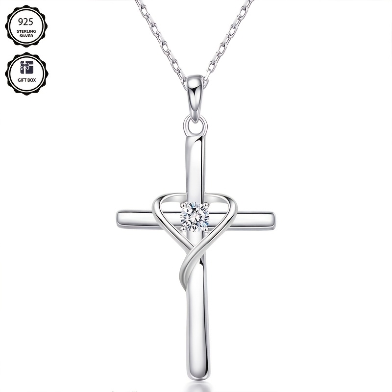 Image of 925 Silvery Synthetic Zirconia Cross Pendant Necklace, Suitable For Daily Wear, A Lovely Anniversary Gift For Couples Beautifully Packaged In A Gift Box.