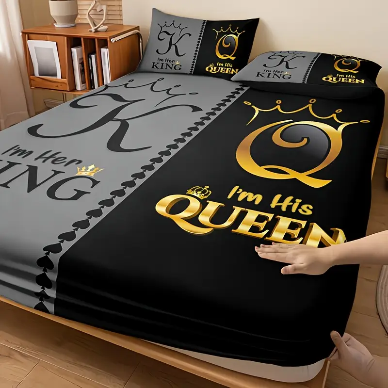 3pcs king queen themed bedding set 100 polyester microfiber breathable machine washable fitted sheet and 2 pillowcases high definition bedroom decor Product details 4