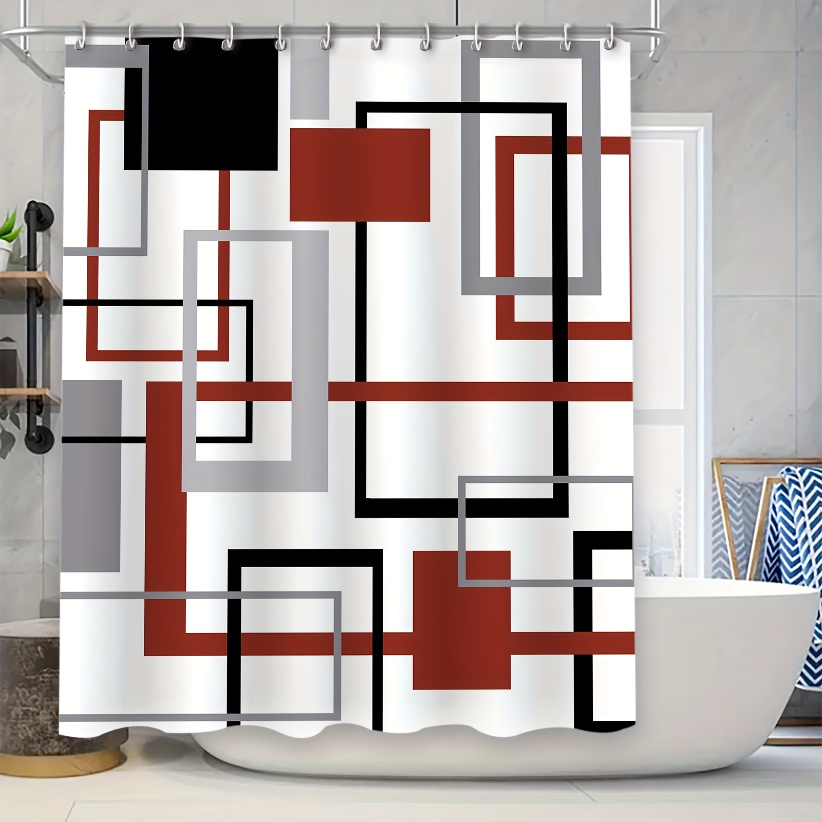 

Geometric Plaid Shower Curtain Set With 12 Eyelet Rings, Water-resistant Polyester Bathroom Partition Curtain, Fashionable Mold-resistant Bath Decor, 70.8"x70.8", Machine Washable, Unlined, Woven