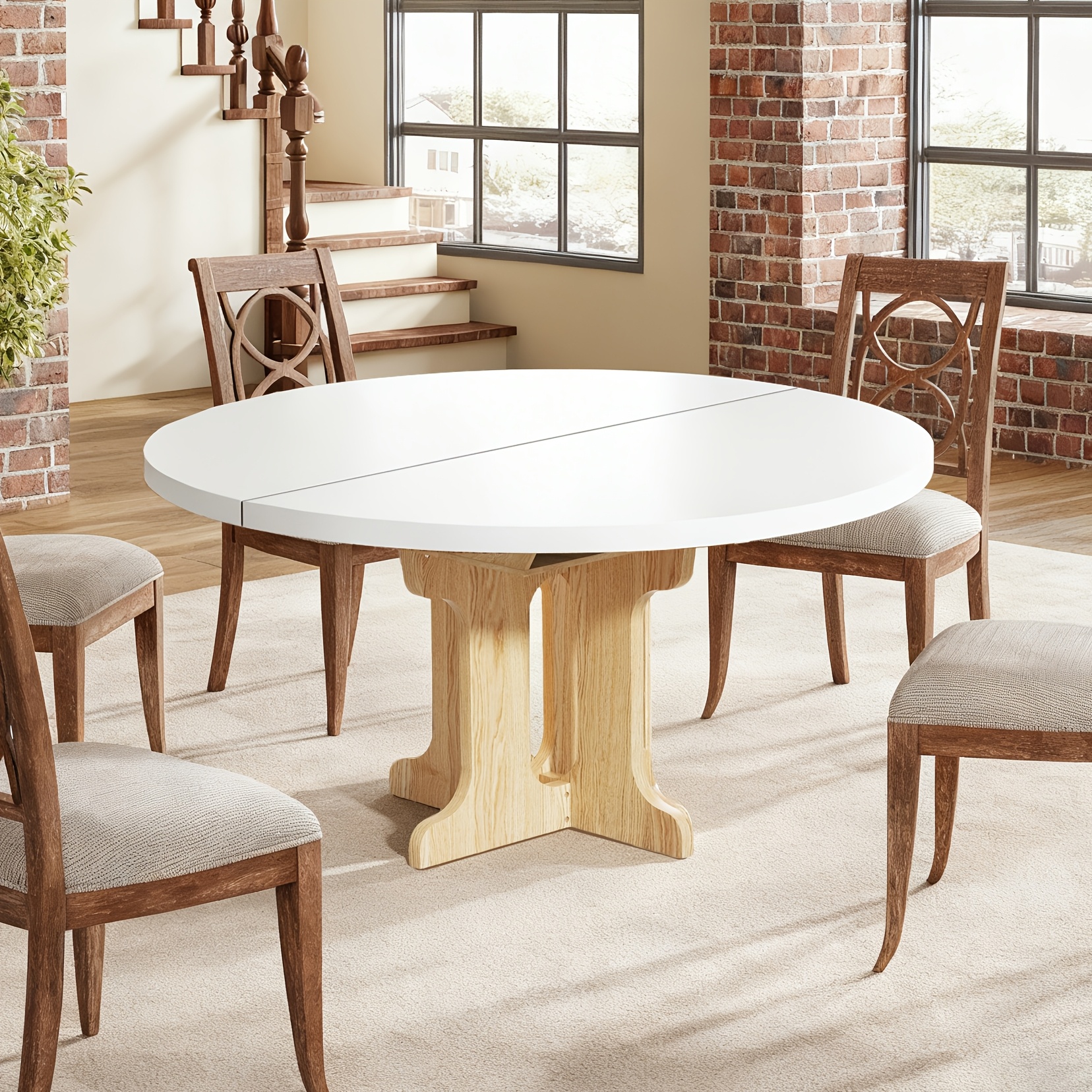 TEMU Modern Expandable Round Dining Table Suitable For 2-8 People, 3-stage Extendable Kitchen Table With Top & Base, Space- For Small Spaces,
