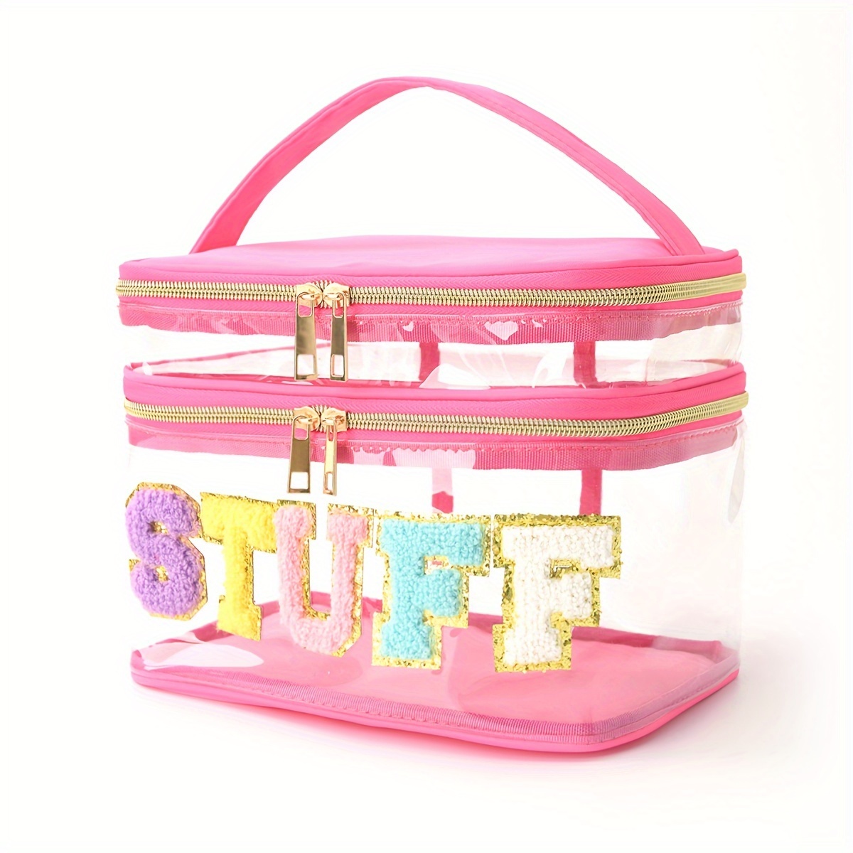 Large Capacity Double-layer Transparent Cosmetic Bag, Chenille Letter Transparent Handle Cosmetic Bag,…: retailer-supplied image
