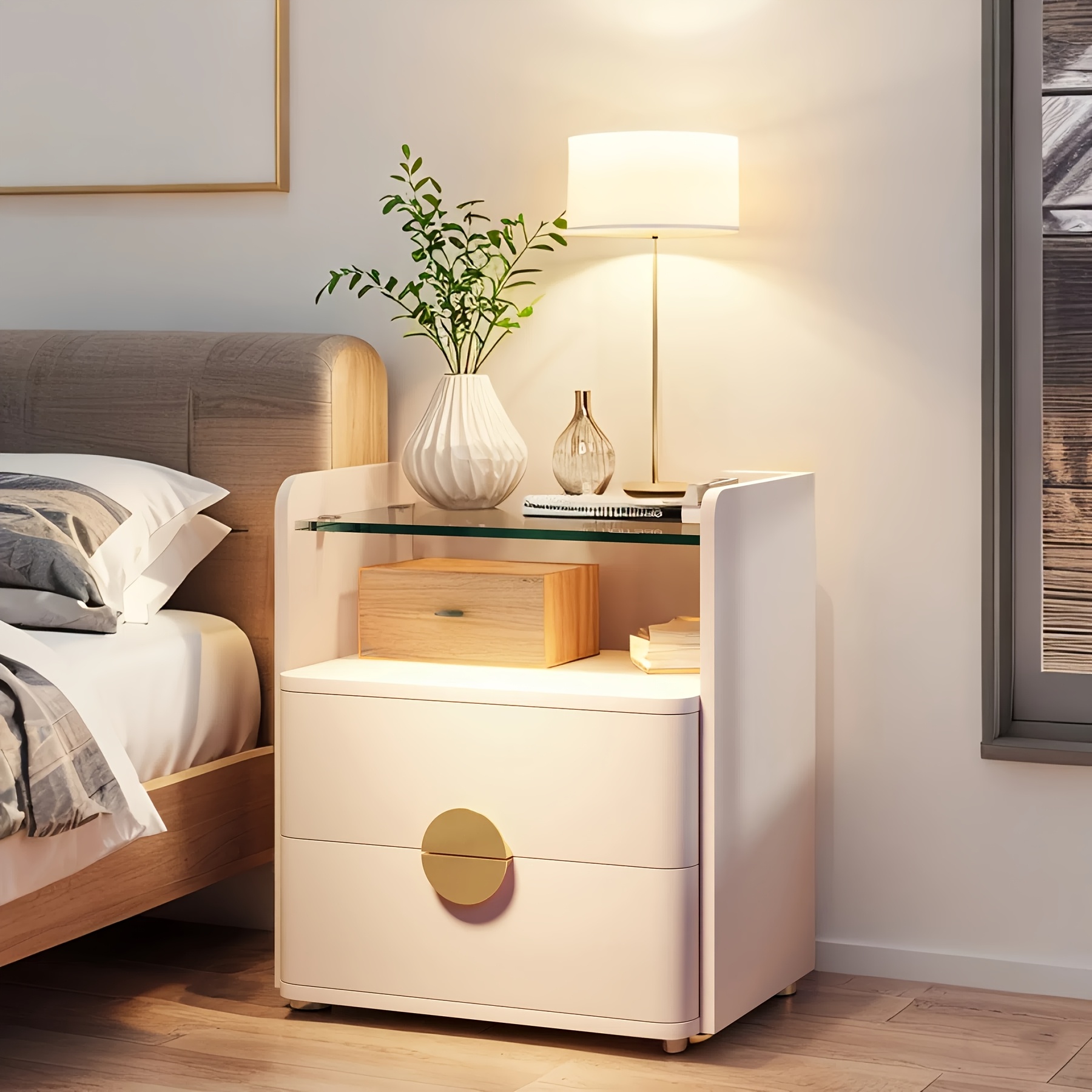 TEMU 2-drawer Modern Night Stand With Open Storage Space, Easy Assembly Wood Bed Side Table For Bedroom, End Table With Golden Round Metal Legs For Living Room