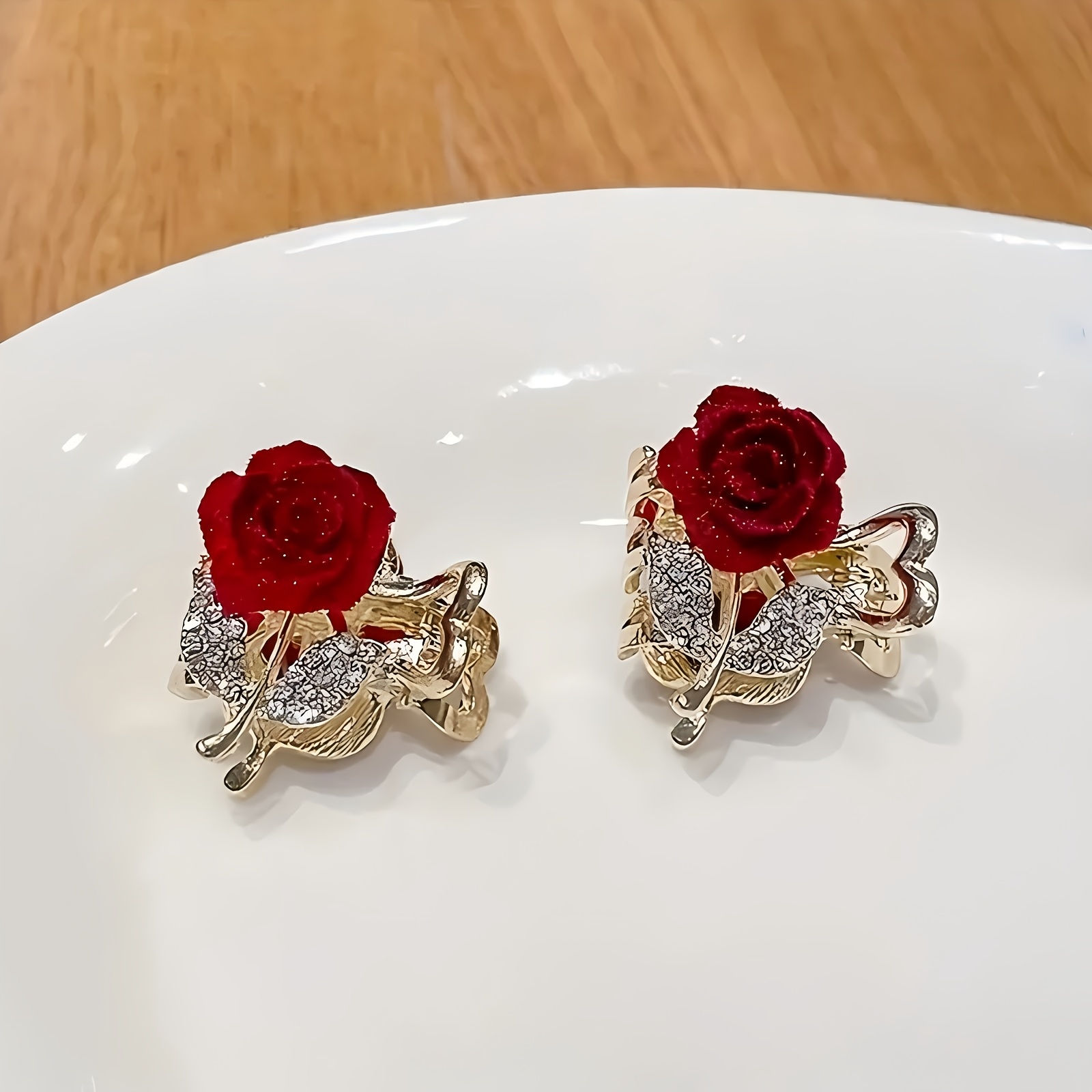 Image of 2 Elegant Sparkling Rhinestone Rose Hair Clips - Vintage-inspired, Perfect For Daily Wear, Valentine's Day Gift, Valentine's