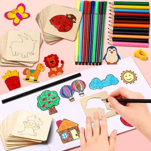 easter gifts 60pcs wooden drawing stencils kit drawing board toys coloring puzzle arts crafts set educational toys christmas gift