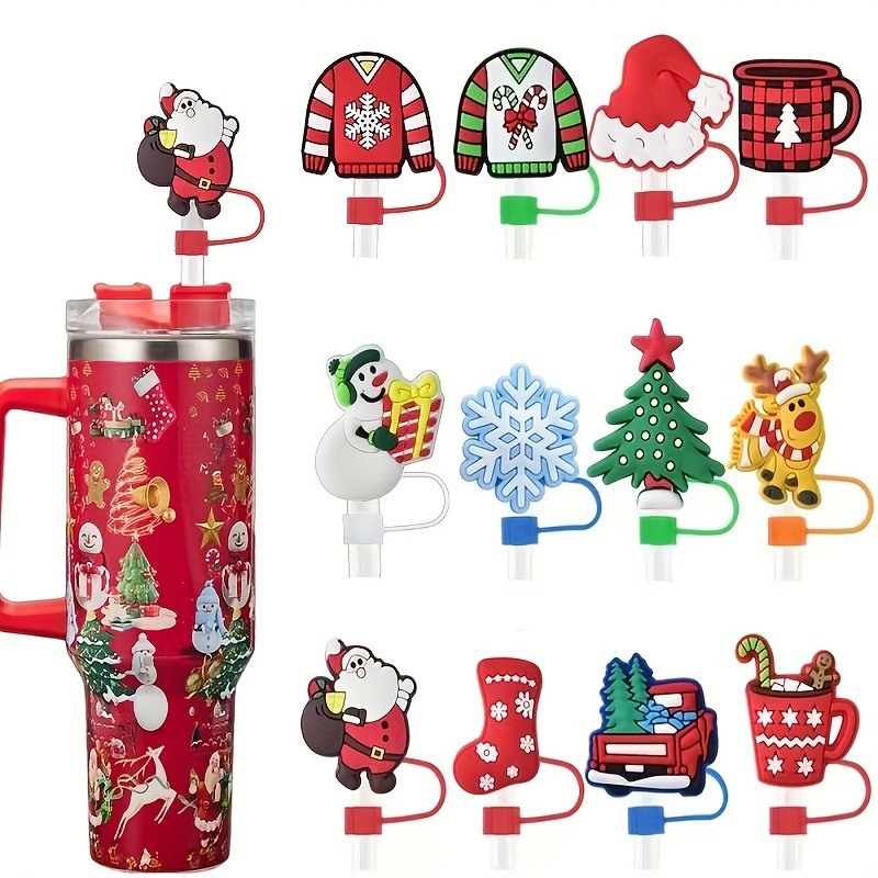 

12-piece Christmas Straw Topper Set, Universal Fit Pvc Dustproof -resistant Reusable Straw Caps, Cup Accessories For 30oz & 40oz Tumblers, Holiday Decor For Christmas And New Year