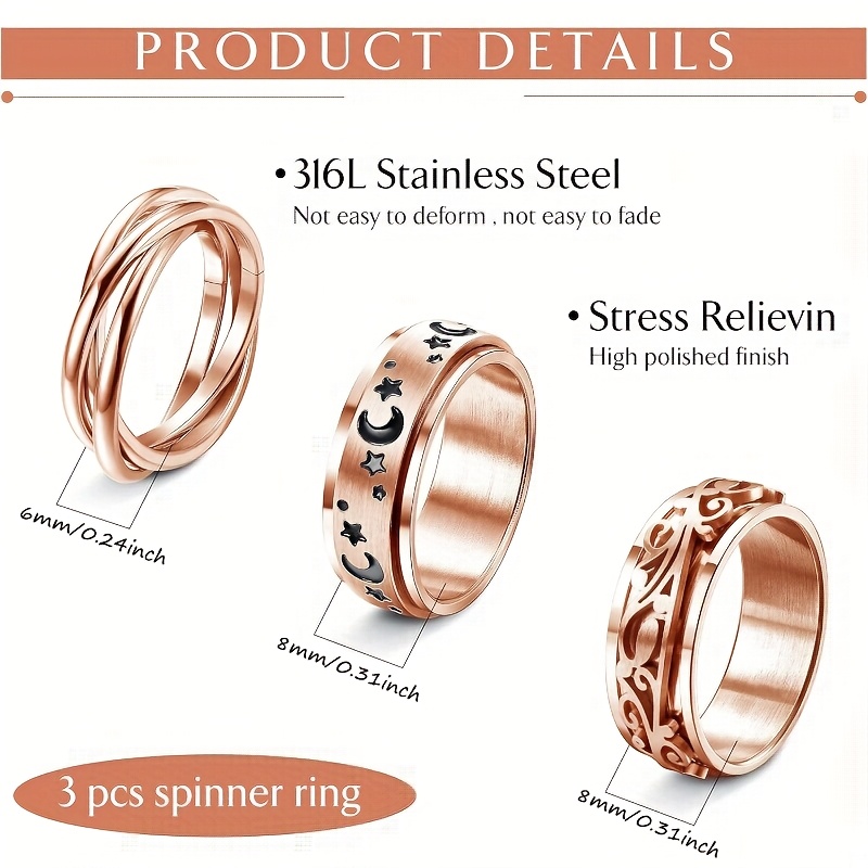 3pcs 316l stainless steel fidget spinner rings moon   celtic inspired stress relieving spinning rings for women men ideal for gifting sports casual attire casual attire rings stainless steel rings durable rings fidget spinner rings Product details 0
