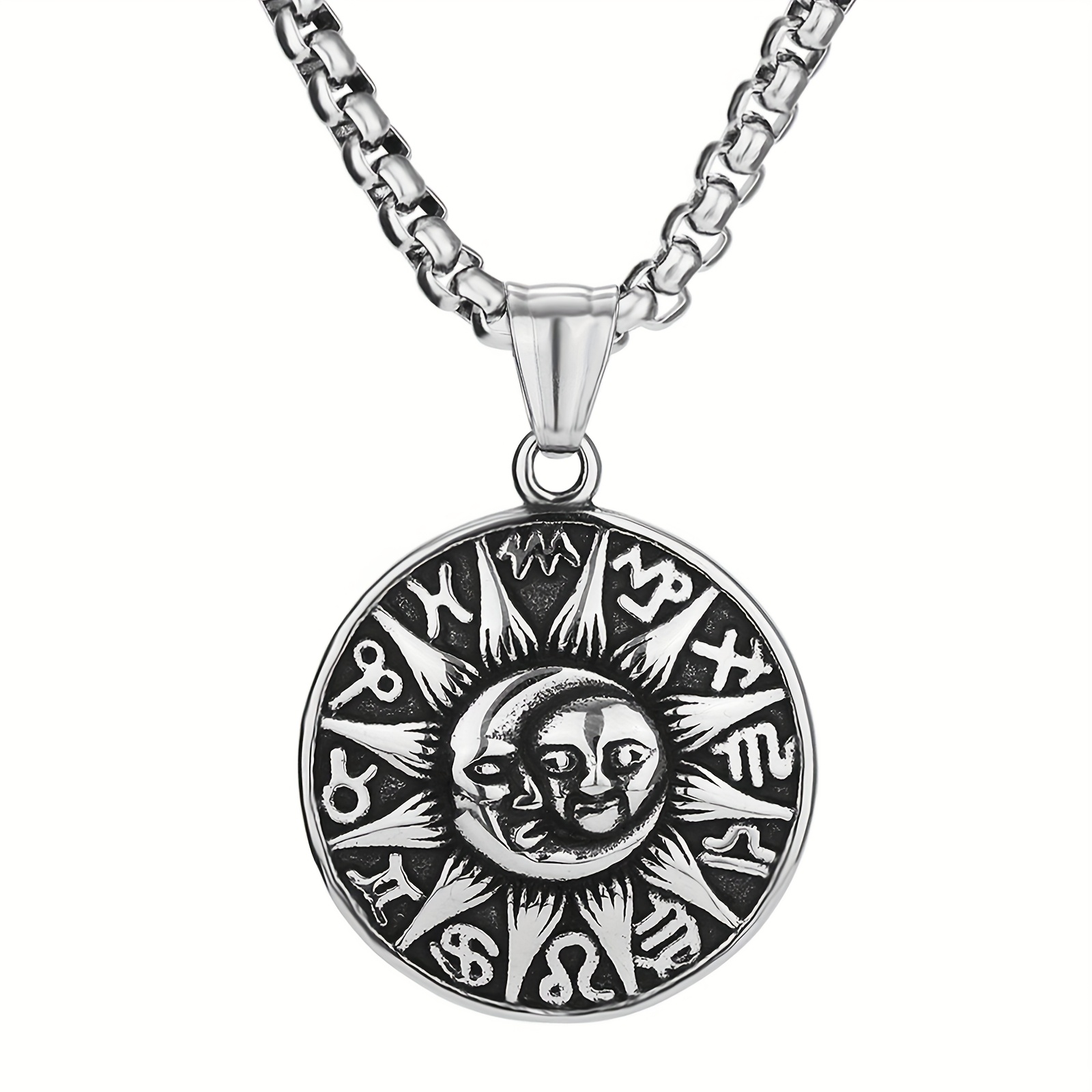 Image of Retro Personality Casting Moon Sun Constellations Round Pendant Stainless Steel Men's Necklace With Wheat Ear Chain