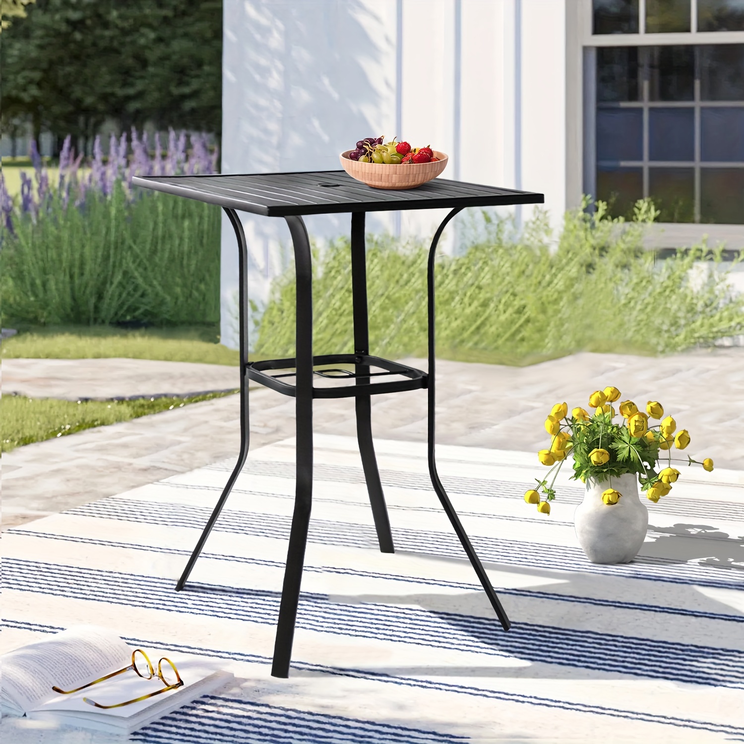 

Outdoor Patio Bar Height Table With 1.57'' Umbrella Hole, Black