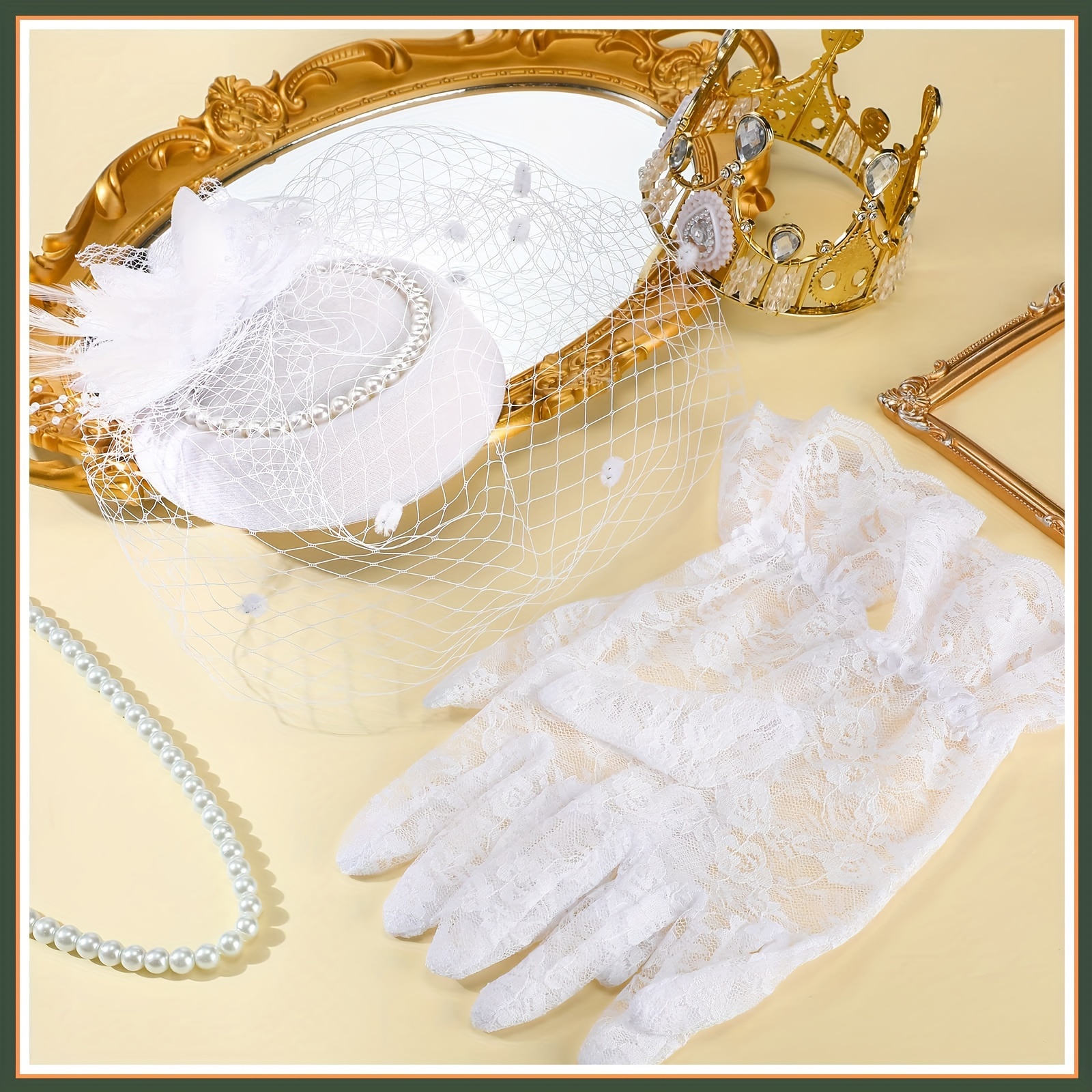 3 Pieces Fascinator Hat For Women Tea Party Derby Hat With Veil Feather Funeral Headpiece Lace Gloves Pearl Necklace details 2