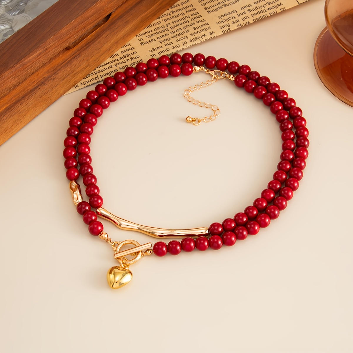 TEMU Collar de 1 pieza de capas con cuentas de color borgoña, con un colgante de broche OT de completo dorado y una de para la clavícula con tubo