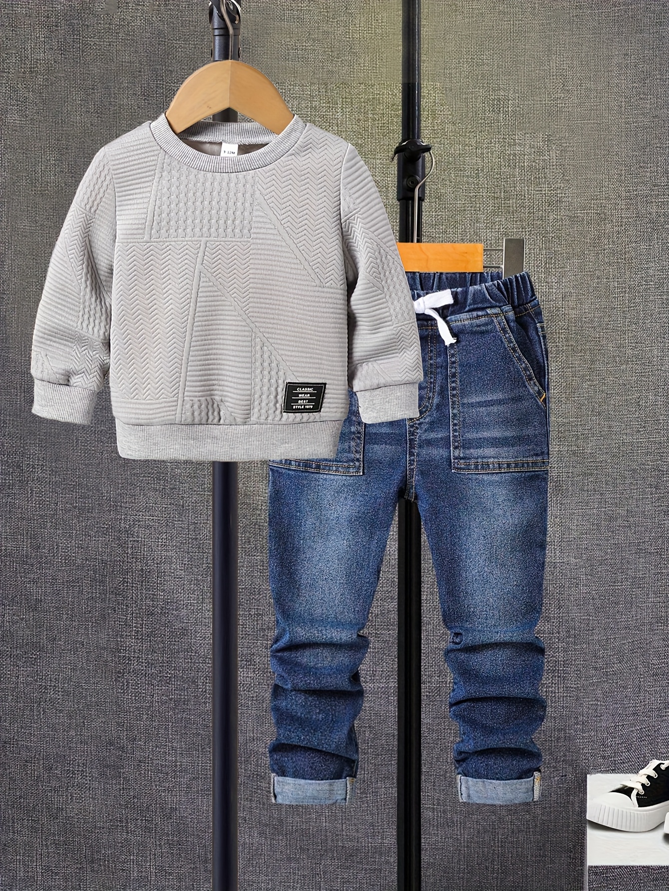 Jongens 2-delige Lente/Herfst Outfit Set - Geometrische Textuur Sweatshirt met Lange Mouwen & Ronde Hals & Stretch Jeans