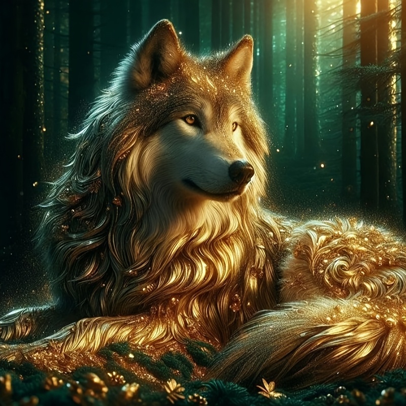 

1pc Golden Wolf 5d Diamond Painting Kit, Round Diamond Art Set With Canvas For Diy Crafts, Home Wall Decor