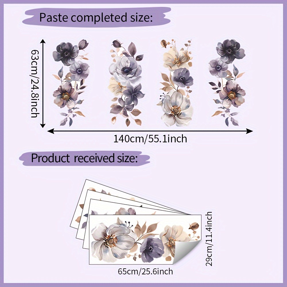 Image of 1 Set Of 4pcs, Floral Stickers, Vintage Flowers, Removable Waterproof Pvc Decals, Suitable For Living Room, Bedroom, Home Decor, Wall Decor, Home Wall Decoration Wall Stickers, 11.4*25.6inch*4pcs