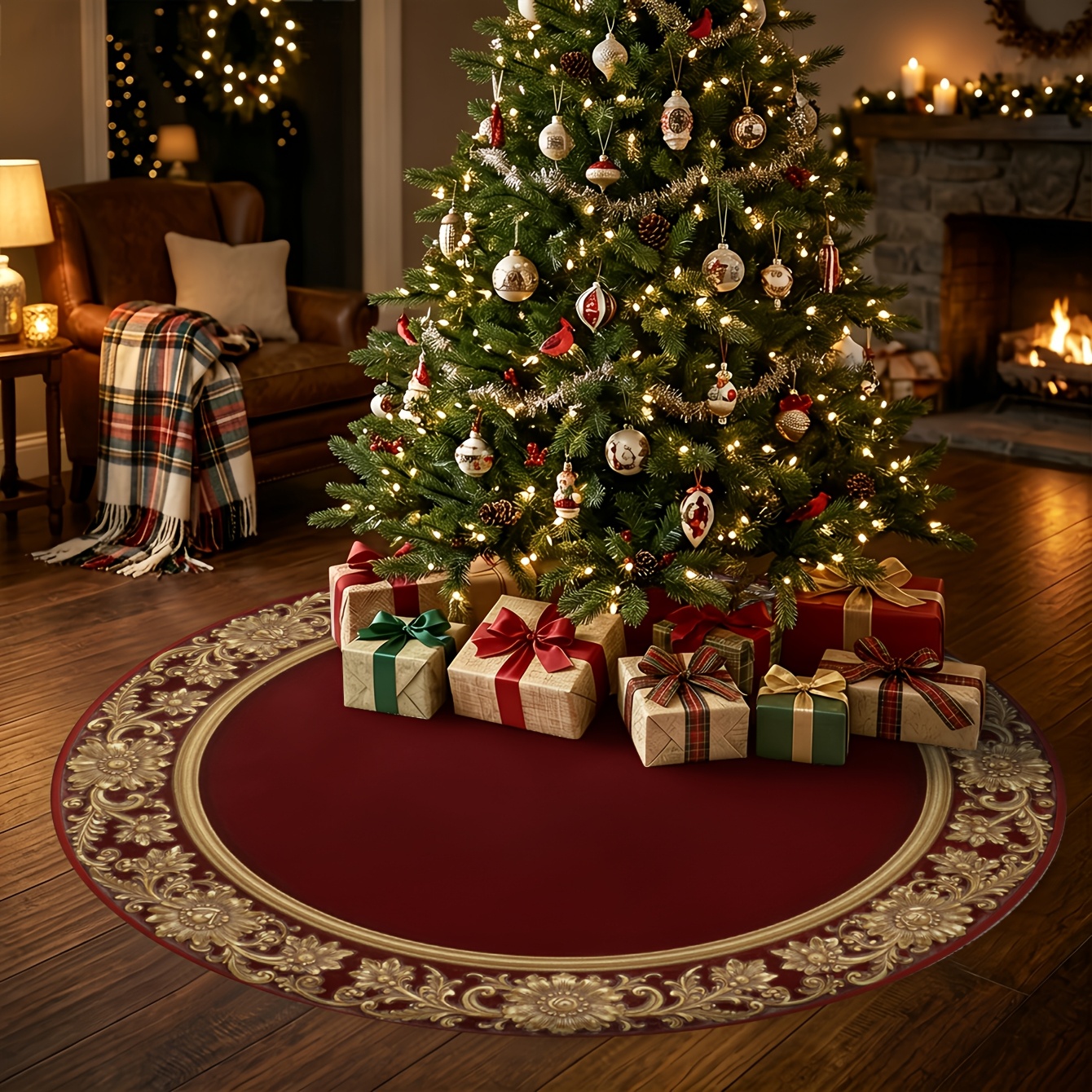 TEMU 1pc Court Luxury Vintage Burgundy Scroll Floral Christmas Tree Skirt, Christmas Decoration Skirt, Festive Party Atmosphere Edge Decorative, Home