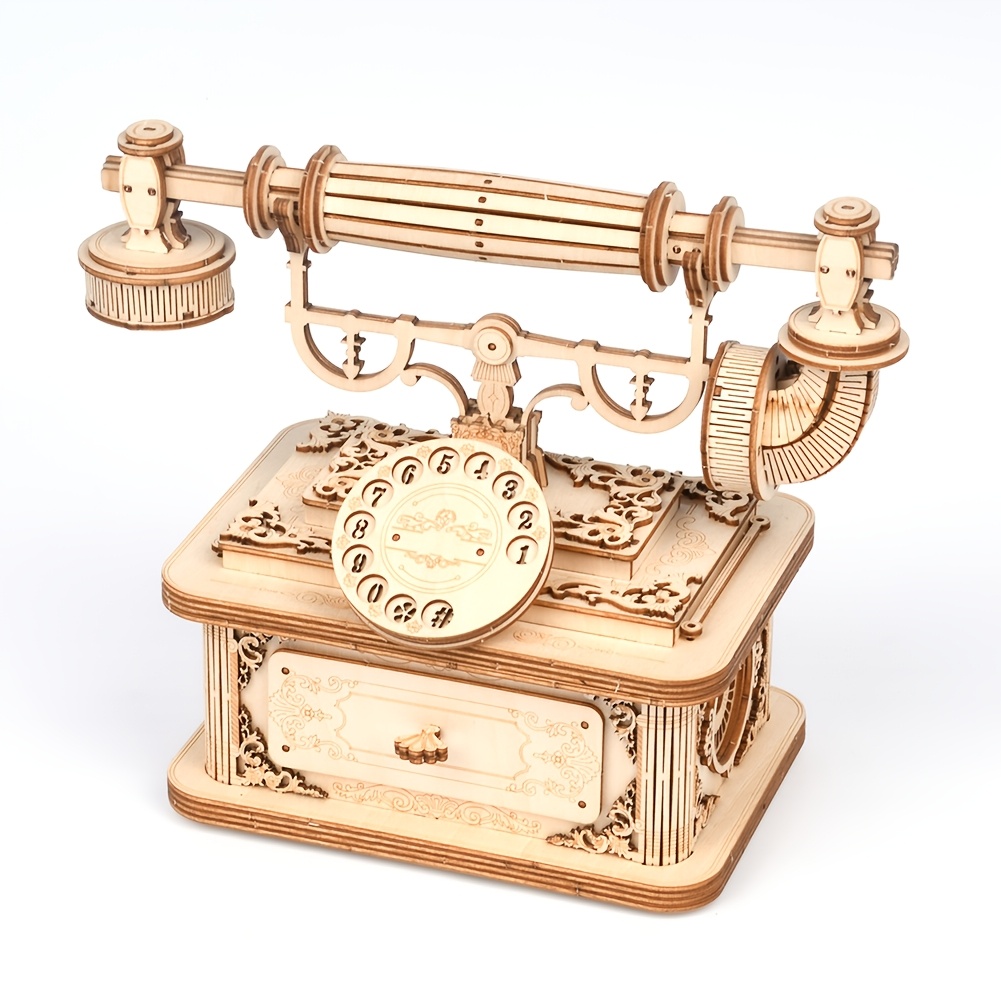 Image of Elegant Vintage Euro-style 3d Wooden Telephone Puzzle - Intricate Diy Craft Kit For