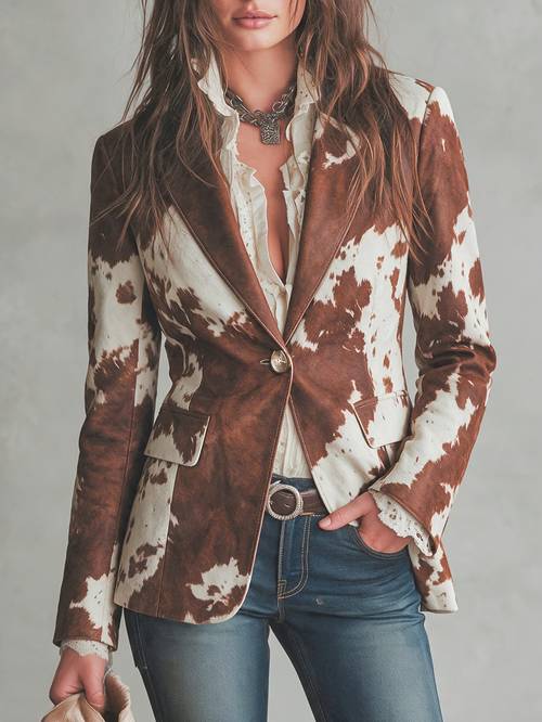 womens commuter lightly mature brown and print suit jacket waist cinching workplace versatile