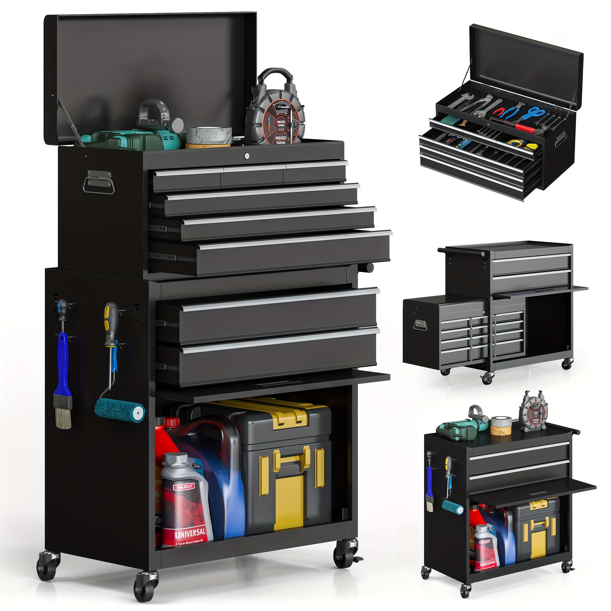 TEMU Viwat 5-drawers/8-drawers Rolling Tool Chest And Cabinet In Black, Features Packaging, Detachable Box, And Lockable Wheels, Ideal As A Tool Cart