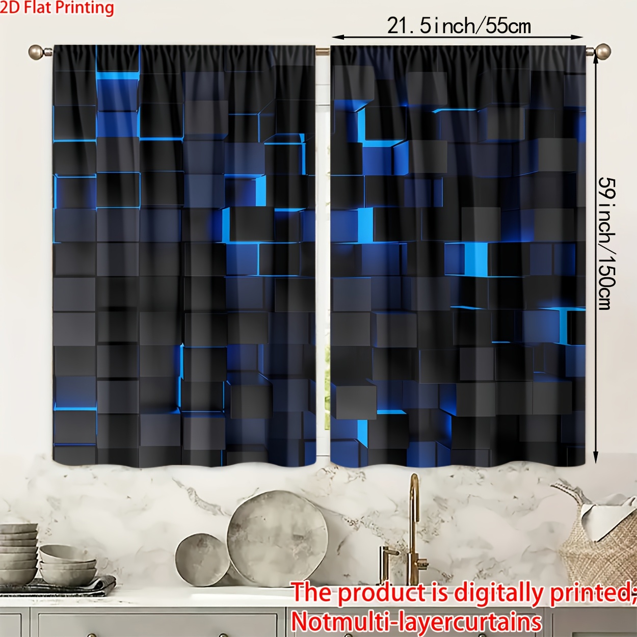 TEMU Deux rideaux imprimés 2D en polyester, avec un thème de décoration en grille. Ces rideaux numériques présentent un motif de grille bleue
