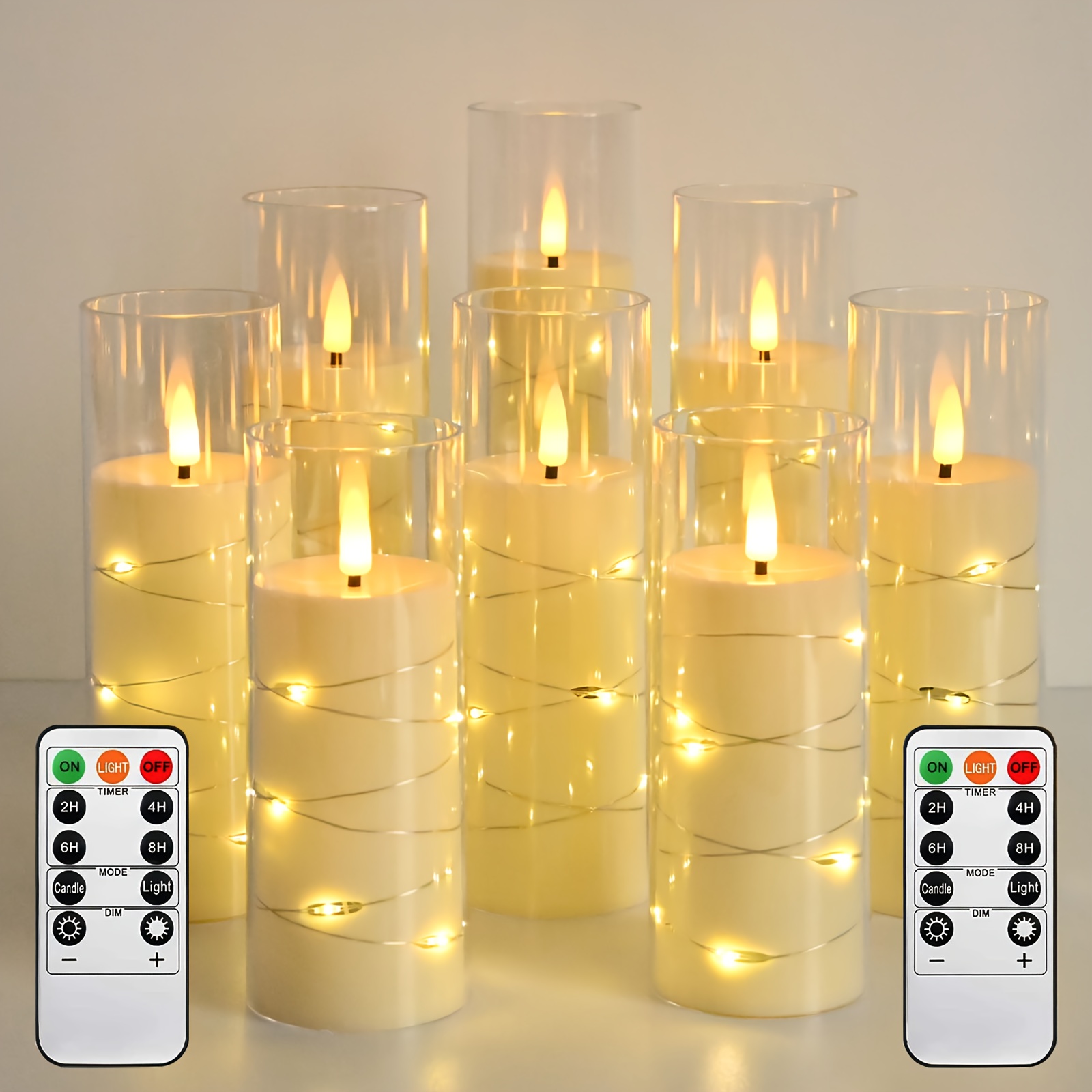 8 Stuks Flikkerende Vlamloze LED Kaarsen met Ingebouwde Feeënlichtsnoer,