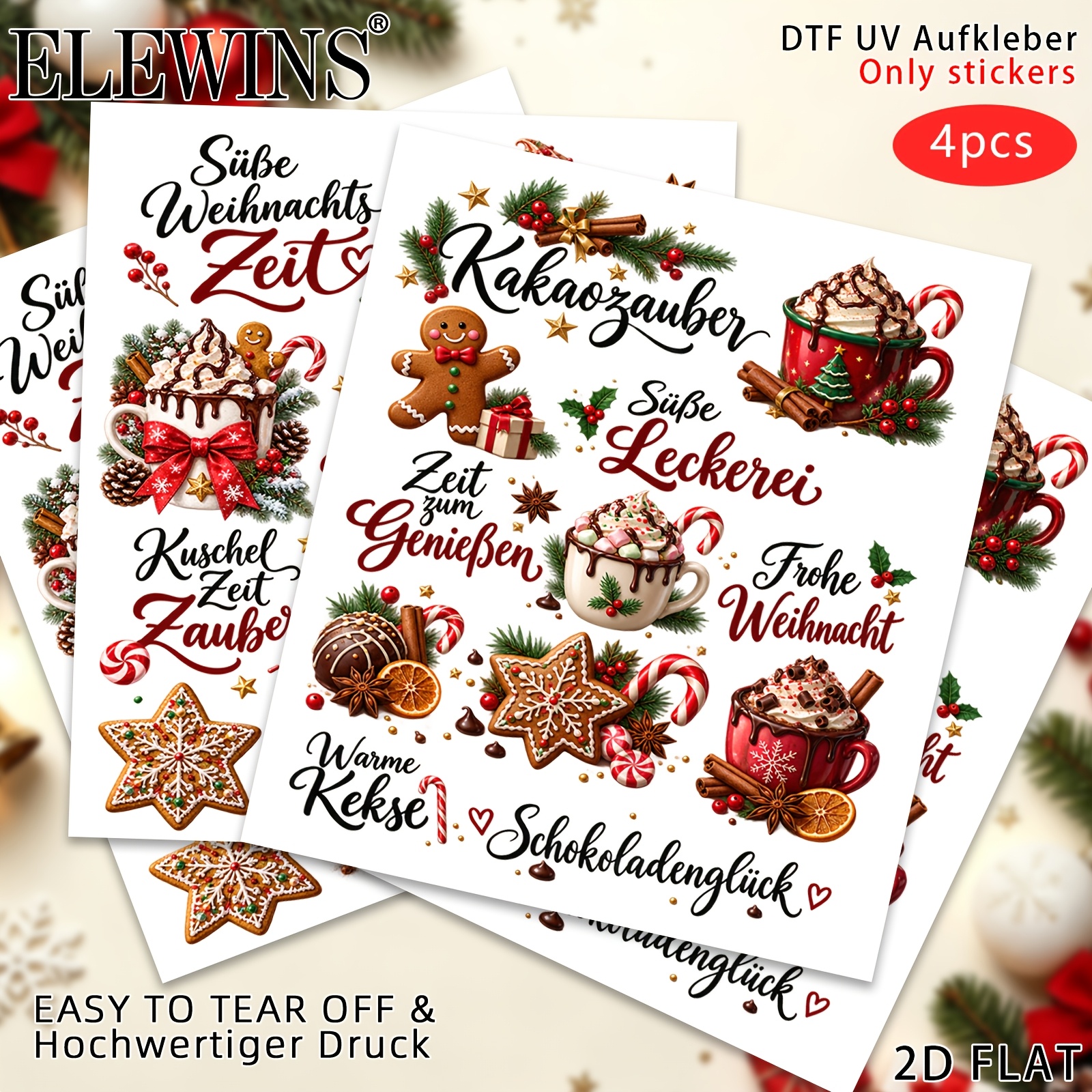 TEMU 4er-Set 2D FLAT Deutsche Weihnachts Coco Themen UV DTF Wraps, Kerze, Rub-on Transfer Set, Becher Set, Geeignet für Bastelarbeiten, Glas- und