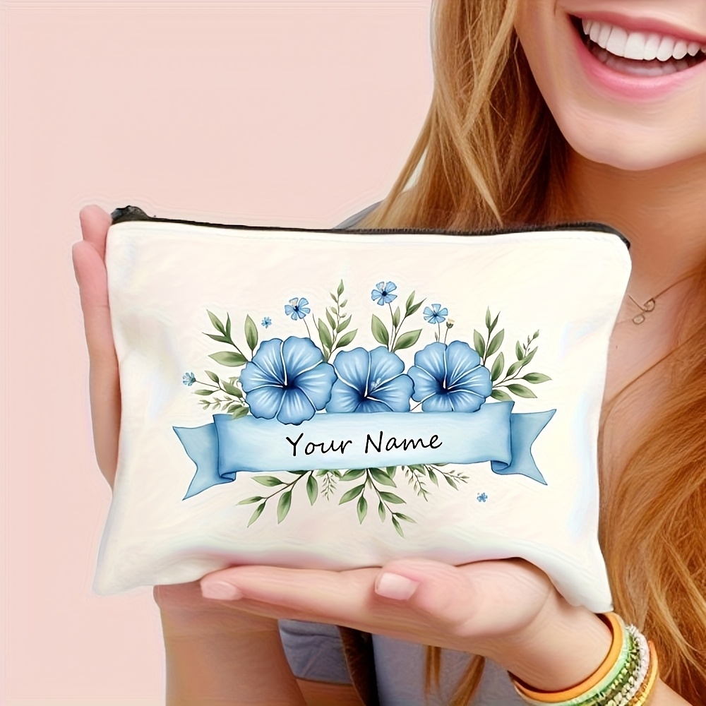 TEMU Custom Name Blue Plumeria Floral Ribbon Design Element Cute Handbag Makeup Pouch, Durable Large Capacity Storage Bag For Parties, Travel,